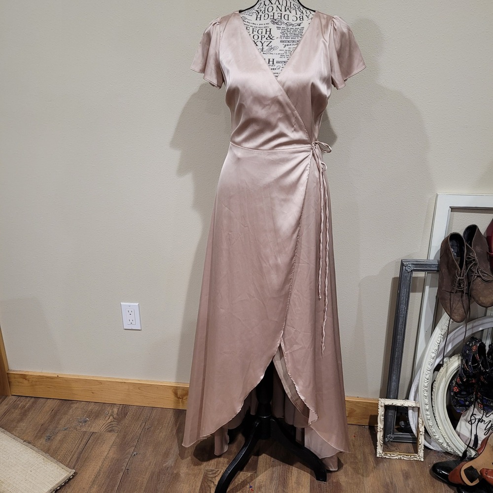 Baltic‎ Born Women Champagne Satin Wrap Maxi Dress XS Flutter Sleeve High Low